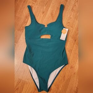Charmo Ribbed One Piece Swimsuit Cutout Scoop Neck. Emerald Green. New